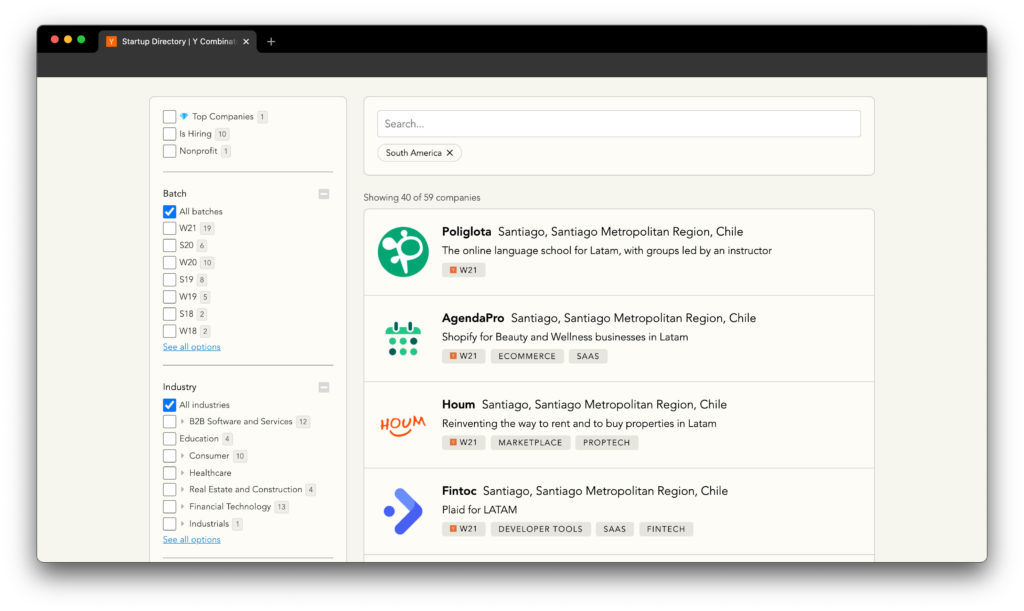 Y Combinator startup directory chile